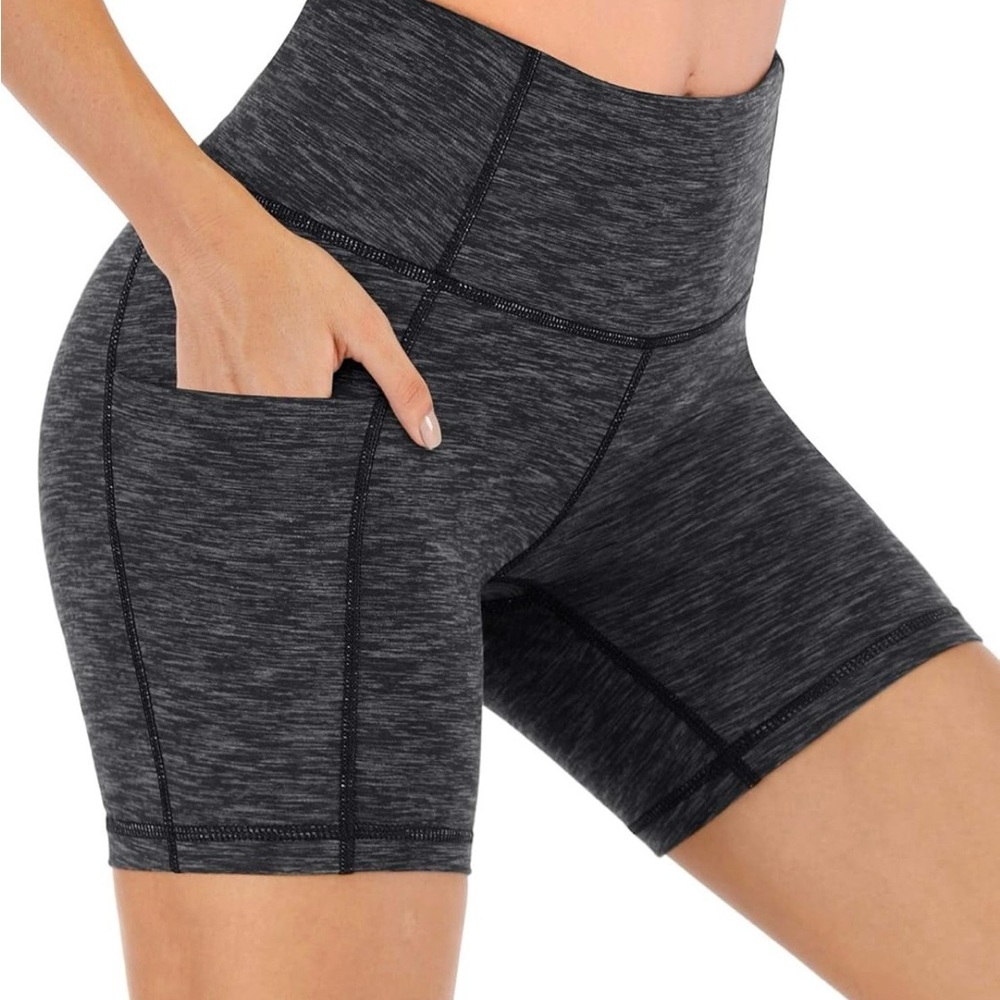 Heathyoga 5” Biker Shorts Medium Black Heather High Waist Pockets